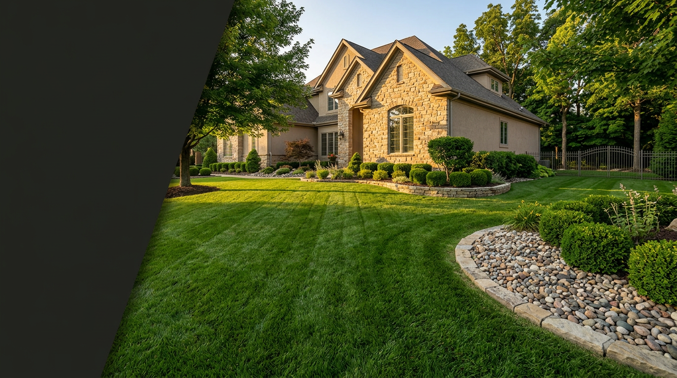 Stone-front residential home with manicured lawn and rock beds